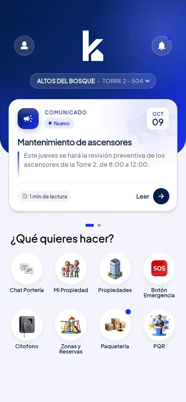 Inicio de la app del residente con un comunicado y accesos a citofonía, paquetería y reservas